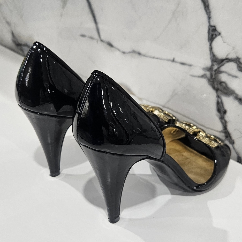 Authentic Coach Black and Gold Belinda Open Toe Heels Pumps US 7.5B - Picture 9 of 11